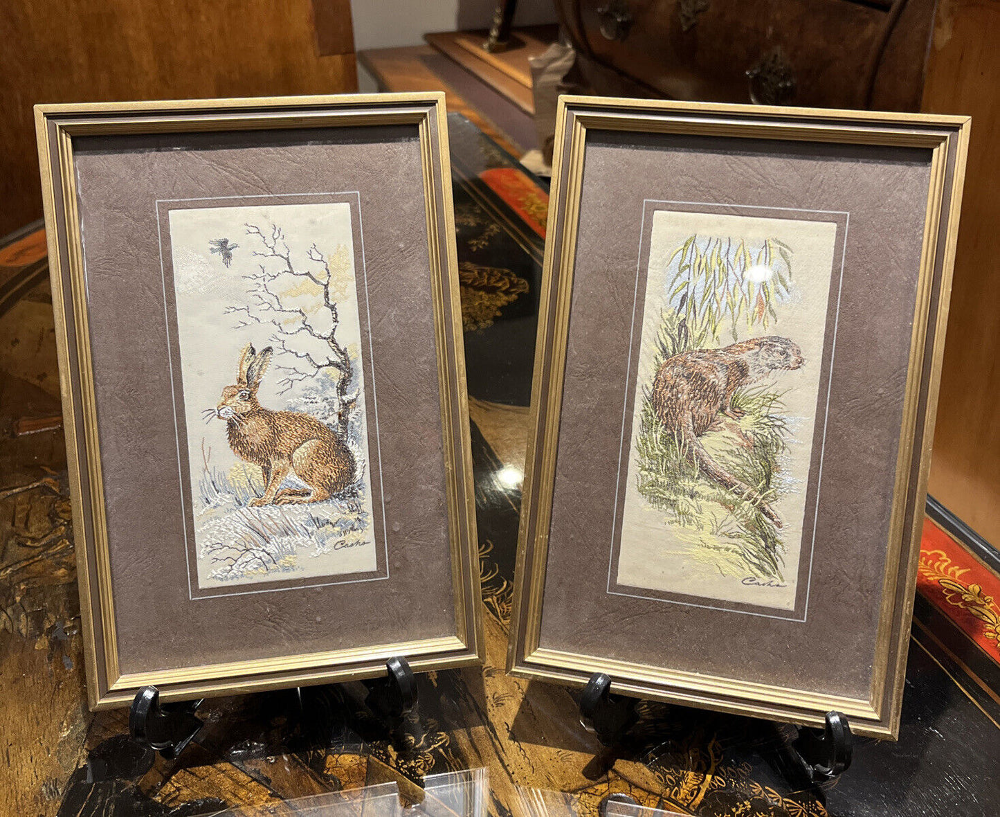 Pair Of Silk Pictures Of Animals. We Ship Worldwide.