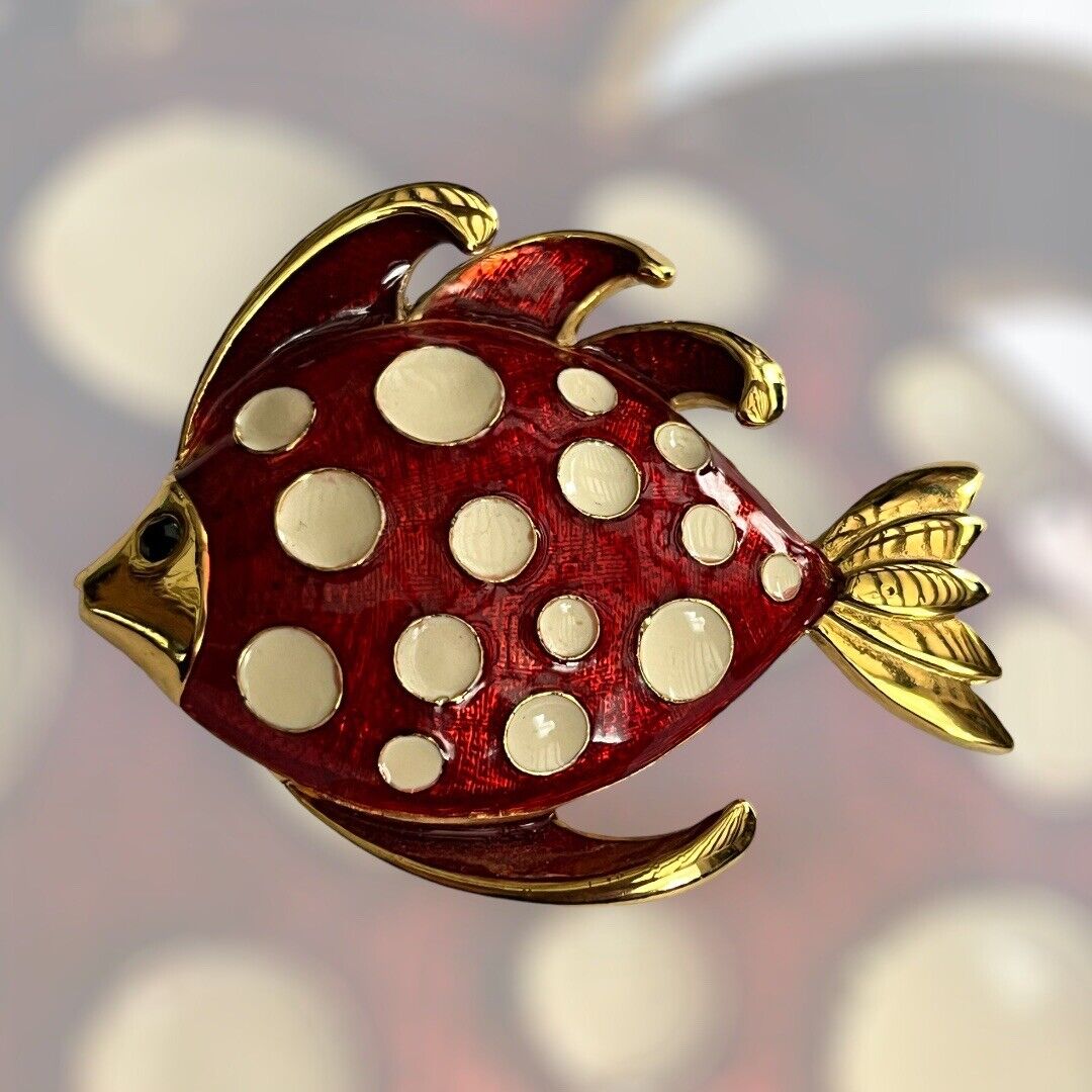 Vintage Red Cream Enamel Fish Brooch