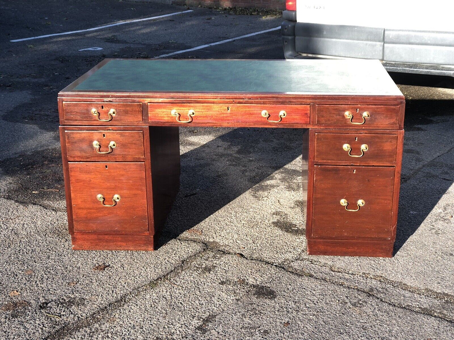 Mahogany Pedestal Desk, Brass Handles, New Green Top. LARGE IN SIZE