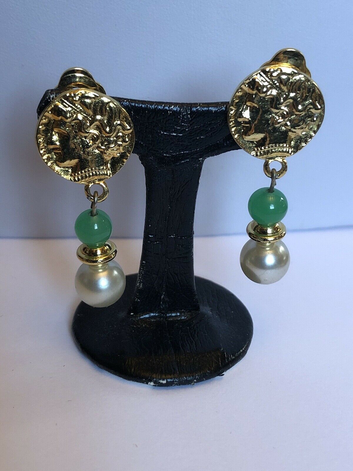 Vintage Gold Tone Green Stone Faux Pearl Etruscan Drop Earrings