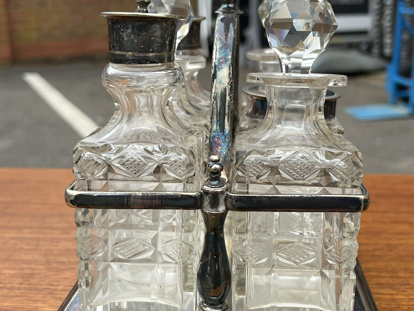 Victorian Silver Plate Cruet Set. Cut Glass Bottles