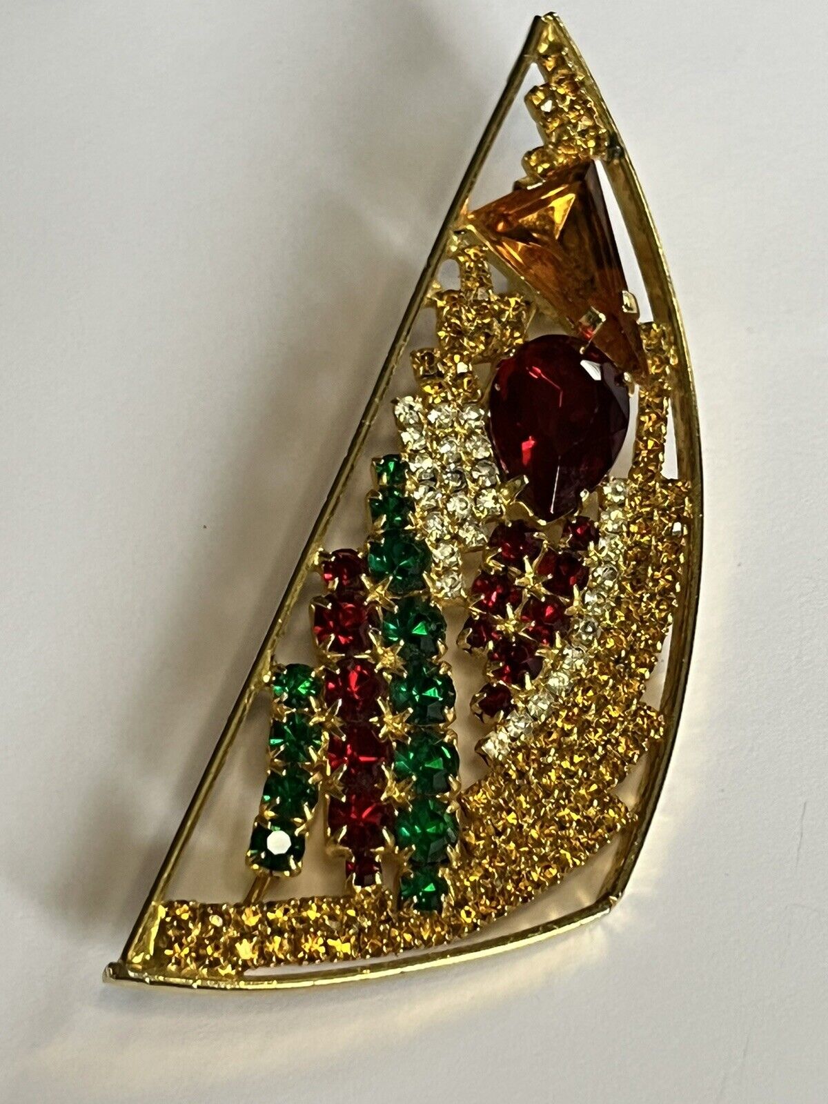 Vintage Gold Tone Red Green Orange Yellow Stone Modernist Brooch