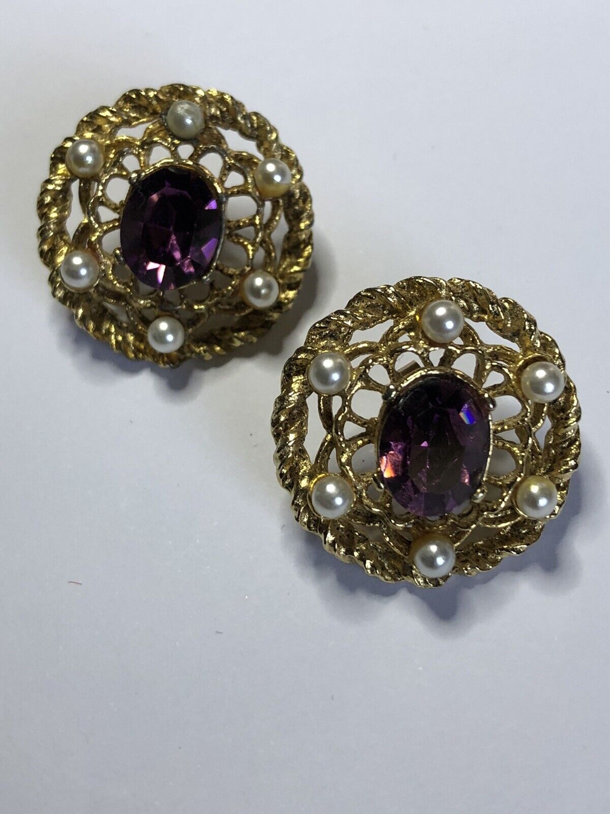 Vintage Anne Klein Purple Diamanté Faux Pearl Clip On Earrings