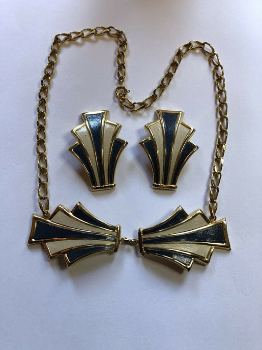 Vintage Blue And White Striped Gold Tone Necklace And Clip On Earring Set