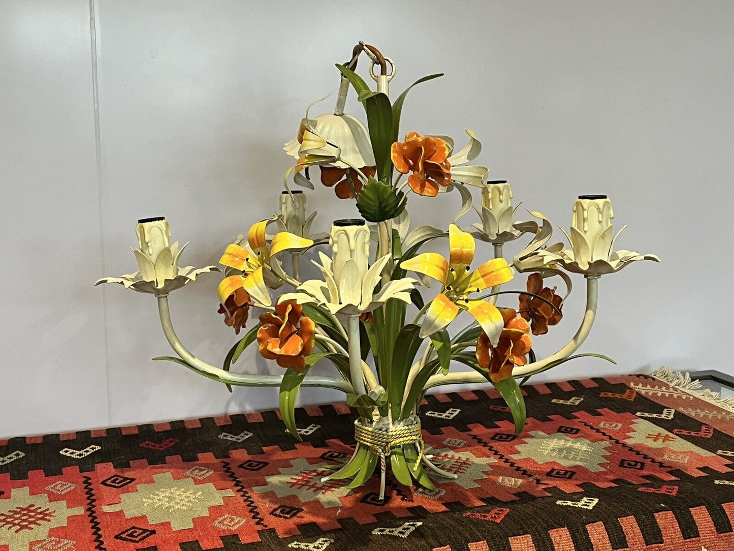 Original Mid Century Italian Toleware Metal Painted Flowers Chandelier