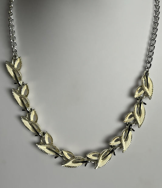 Vintage Silver Tone Cream Black Enamel Signed Leaves Necklace