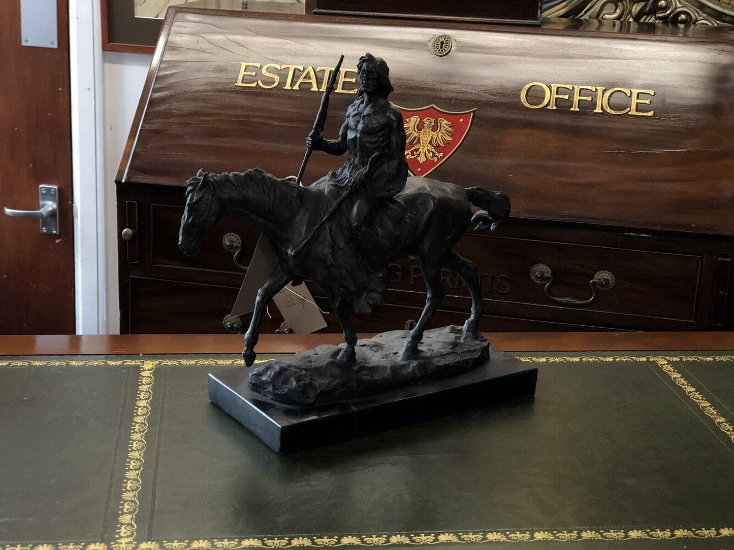 Bronze Indian Warrior Chief On Horseback, Signed On Base. Large In Size.