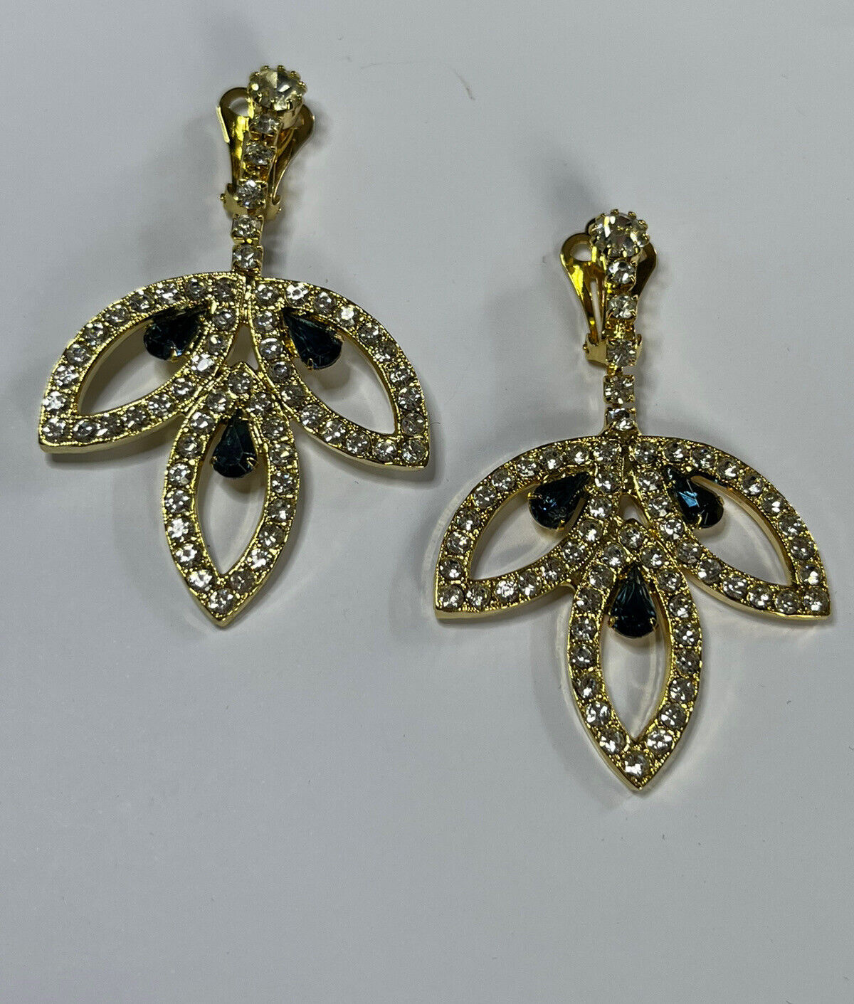 Vintage Gold Tone Blue Clear Diamanté Drop Clip On Earrings