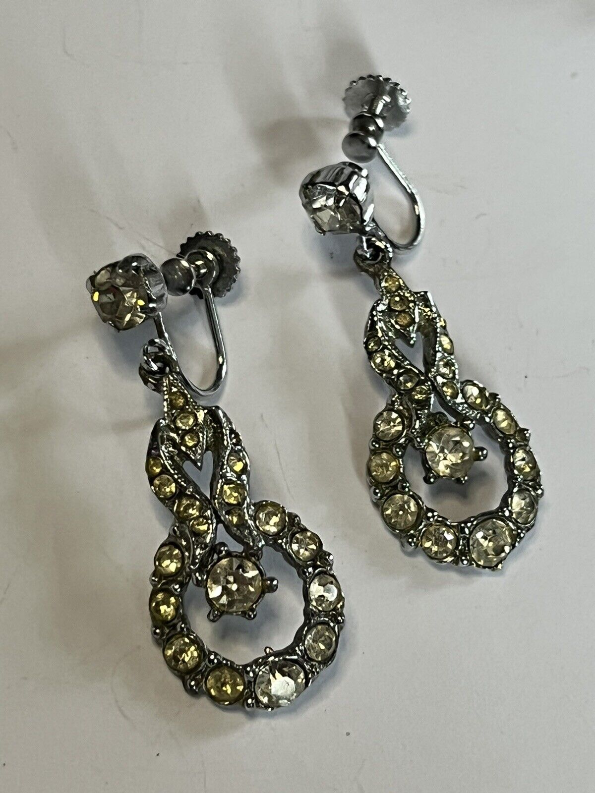 Vintage Silver Tone Paste Dangle Screwback Earrings