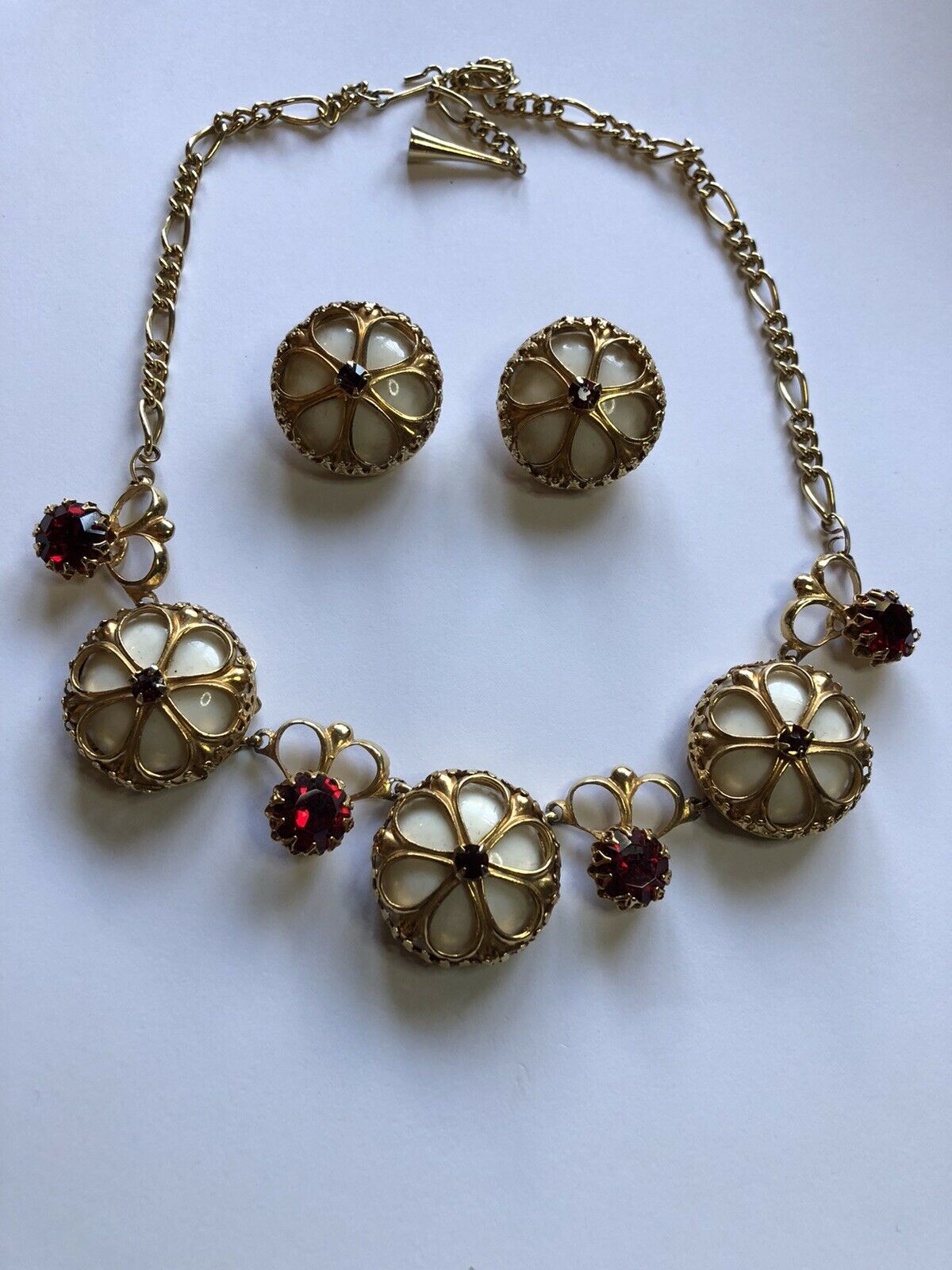 Vintage 1960s Red Paste Gold Tone Necklace Clip On Earring Set