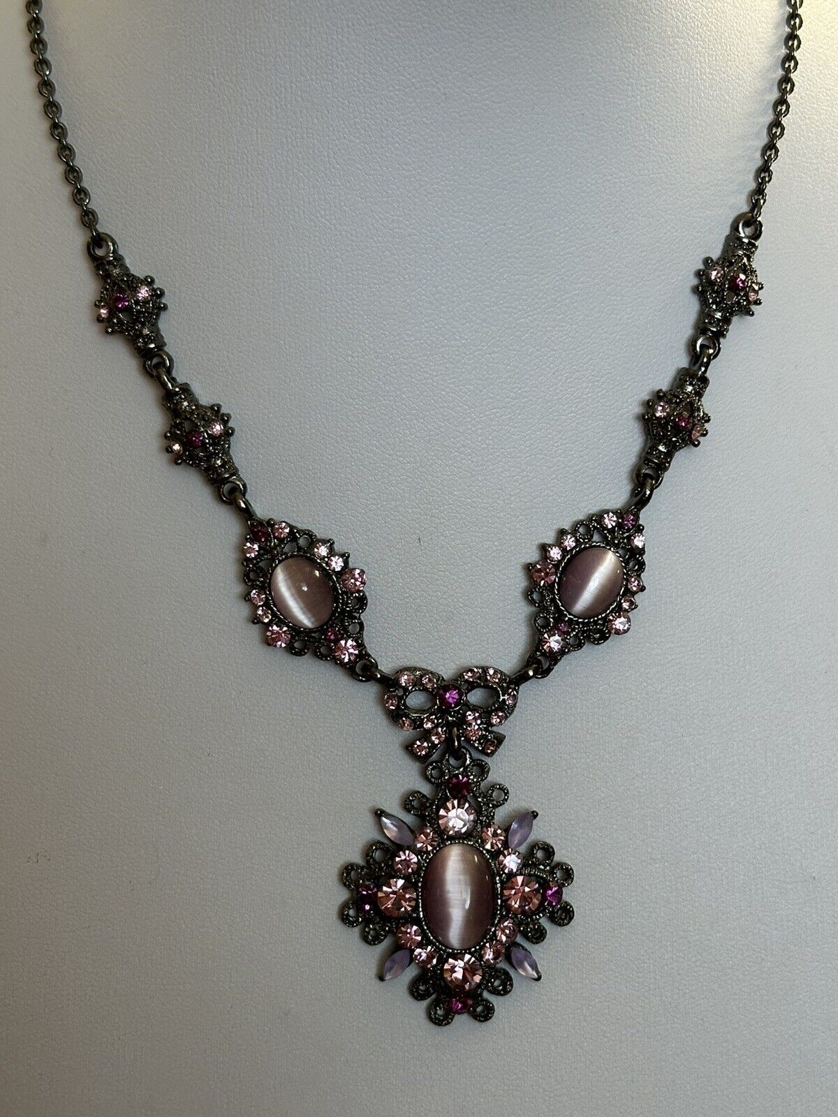 Vintage Pink Purple Satin Bead Diamanté Necklace