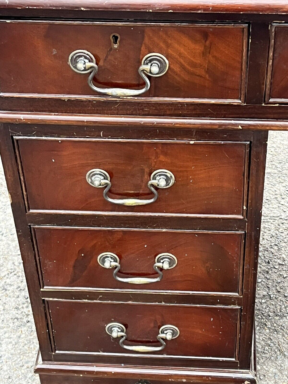 Pedestal Desk In Flame Veneer Mahogany With Green Leather Top.