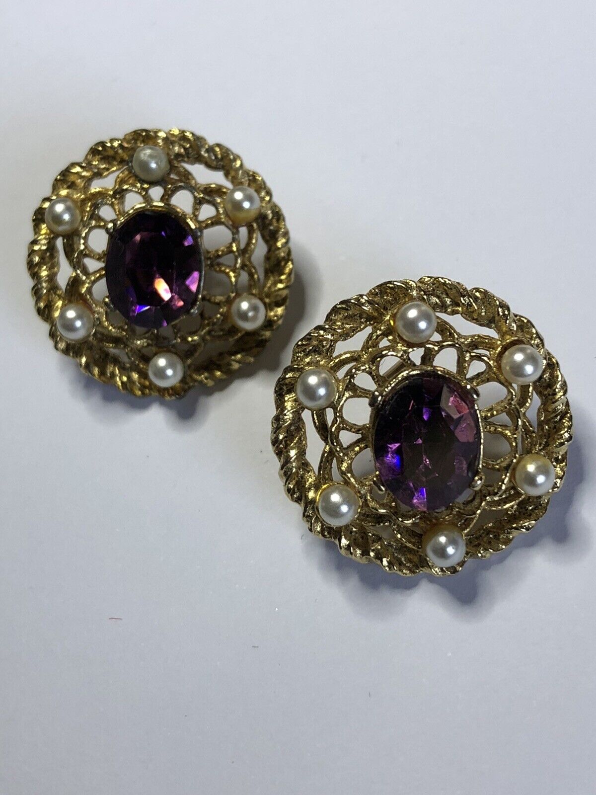 Vintage Anne Klein Purple Diamanté Faux Pearl Clip On Earrings