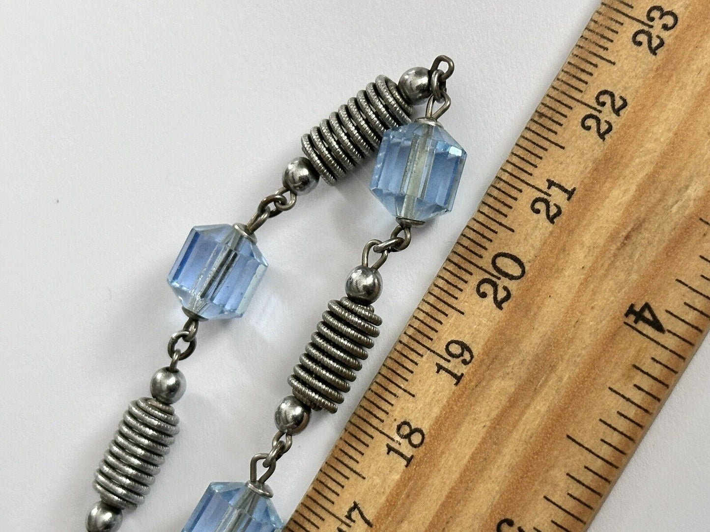 Vintage Deco Etched Silver Tone Blue Glass Bead Necklace