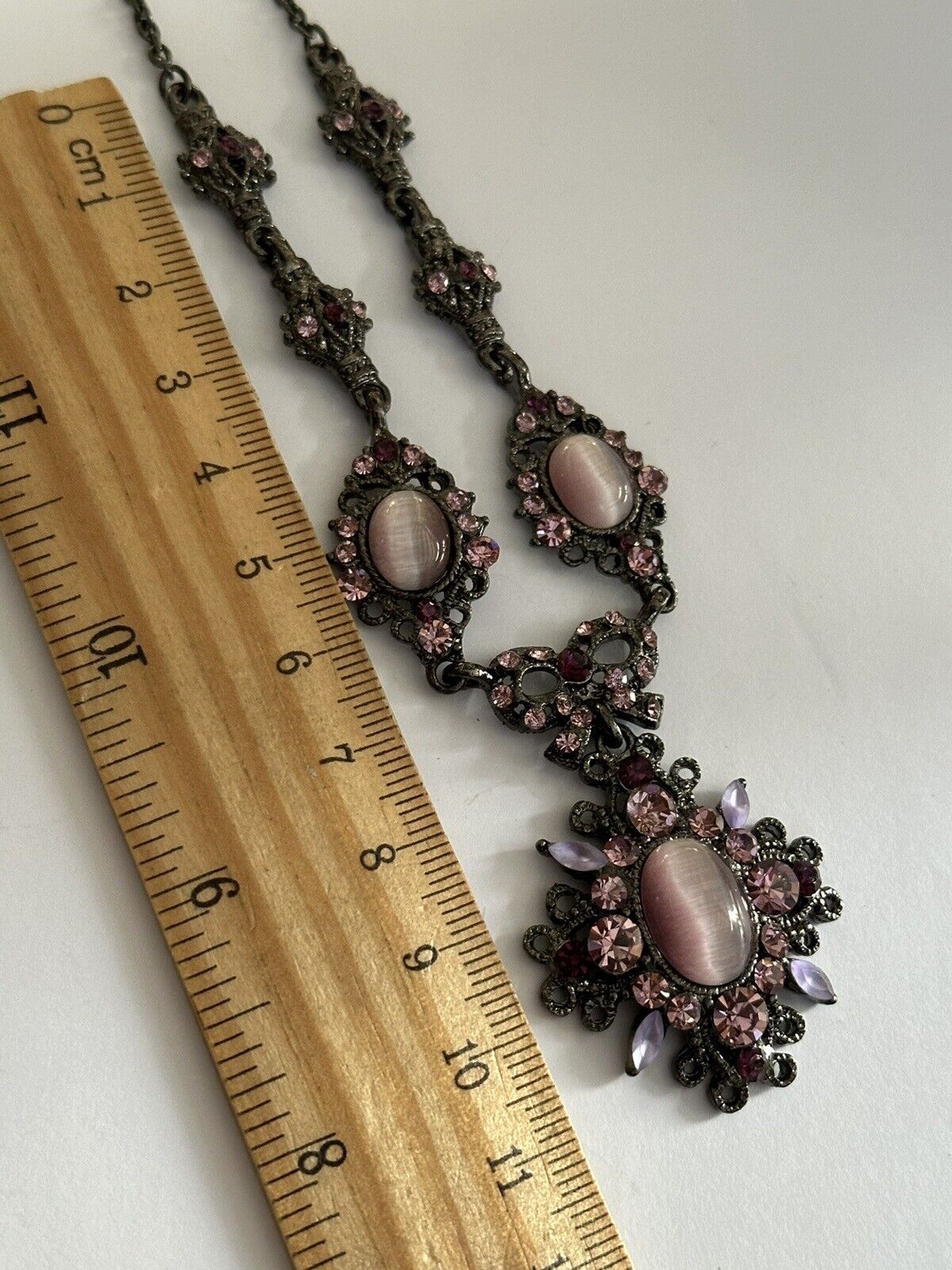 Vintage Pink Purple Satin Bead Diamanté Necklace