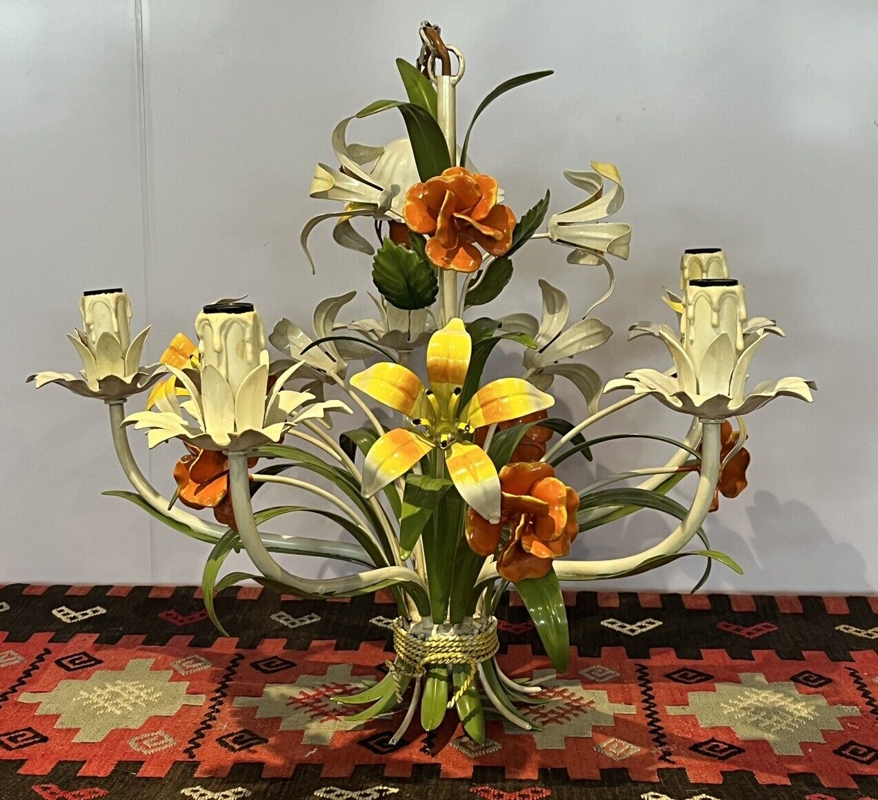 Original Mid Century Italian Toleware Metal Painted Flowers Chandelier