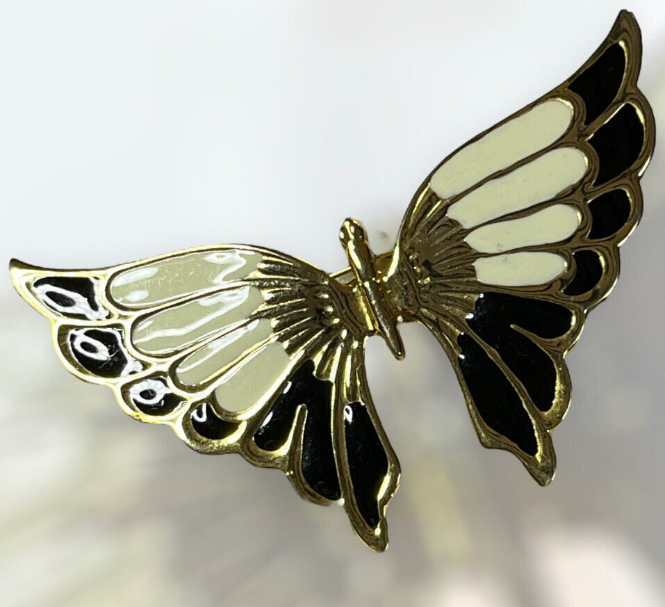 Vintage Gold Tone Enamel Black Cream Large Butterfly Brooch