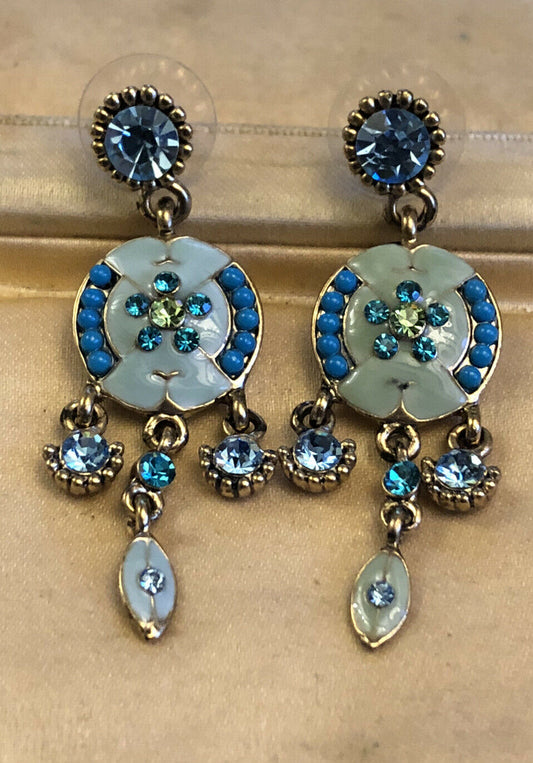 Vintage Enamelled Flowers Blue Greens Diamanté Drop Earrings