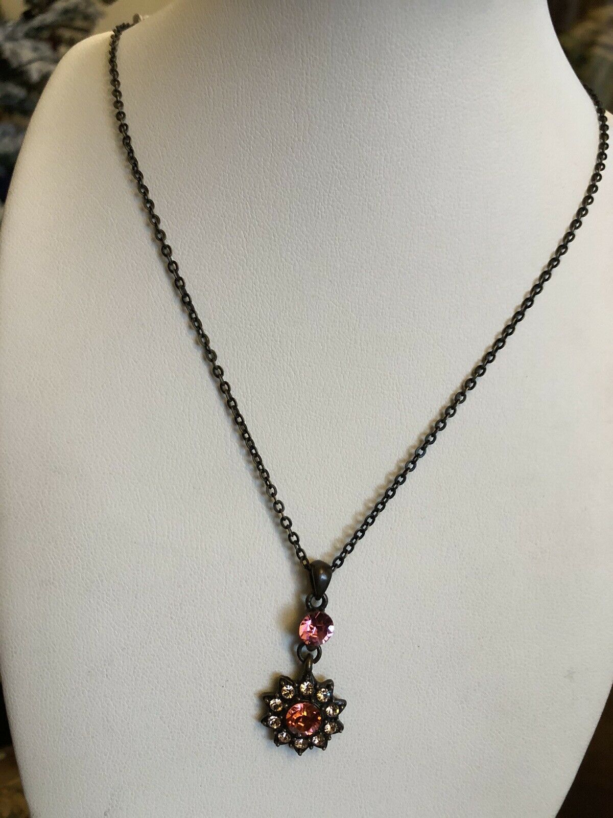 Vintage Flower Diamanté Pink Orange Drop Necklace