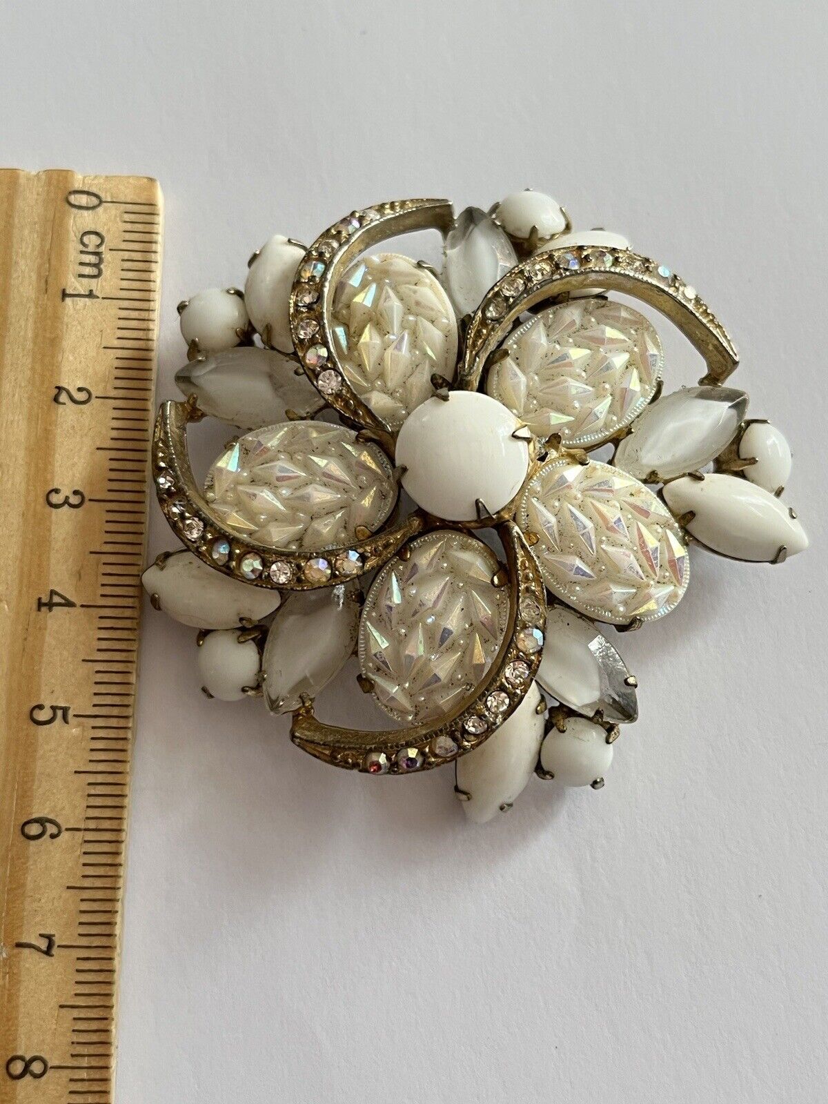 Vintage Statement White Aurora Borealis Milk Stone Swirl Brooch