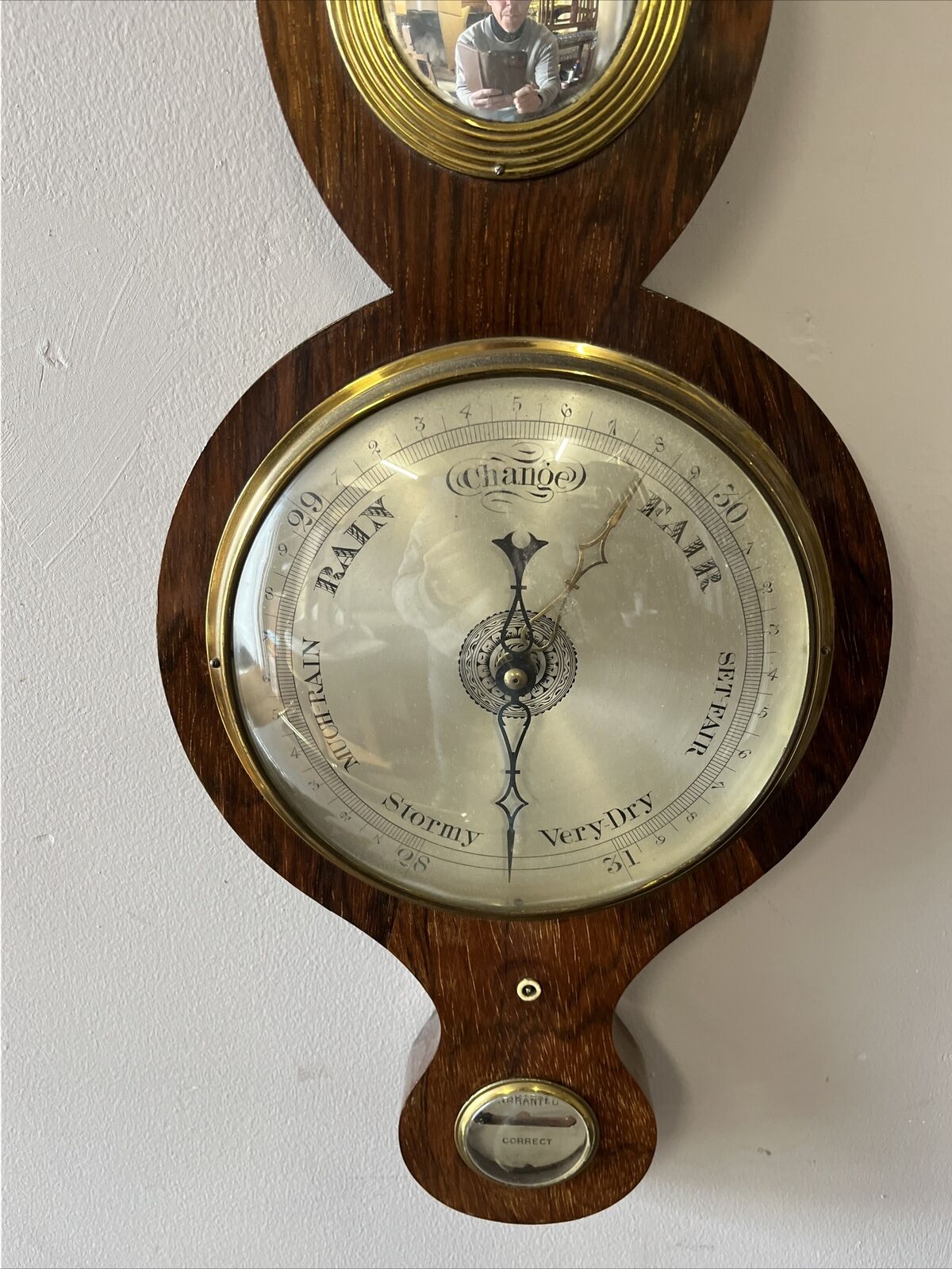 Victorian Barometer In Rosewood Case, Convex Glass, Silvered Dials.