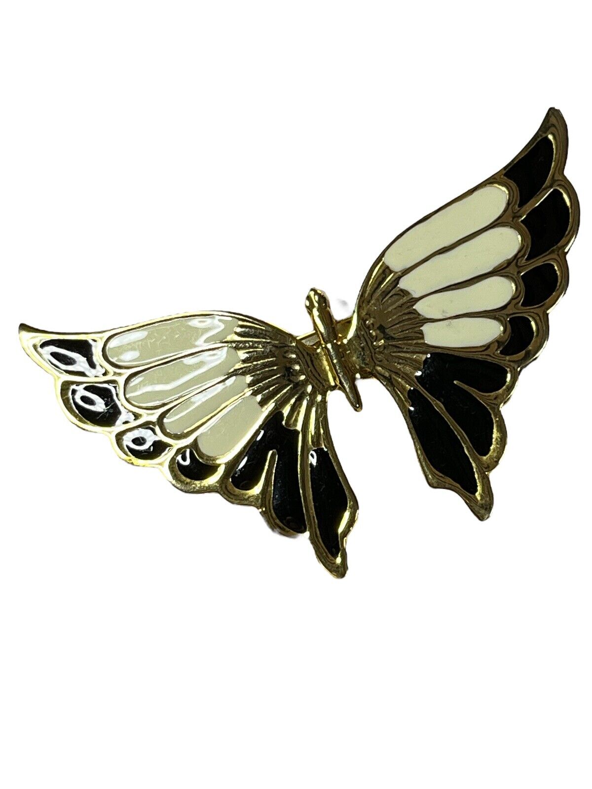 Vintage Gold Tone Enamel Black Cream Large Butterfly Brooch