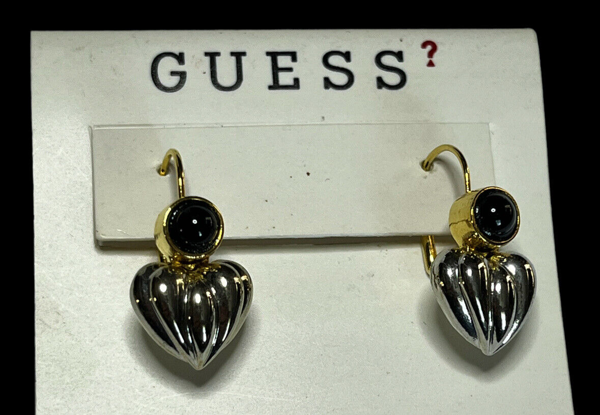 Vintage Guess Gold Silver Tone Heart Drop Earrings