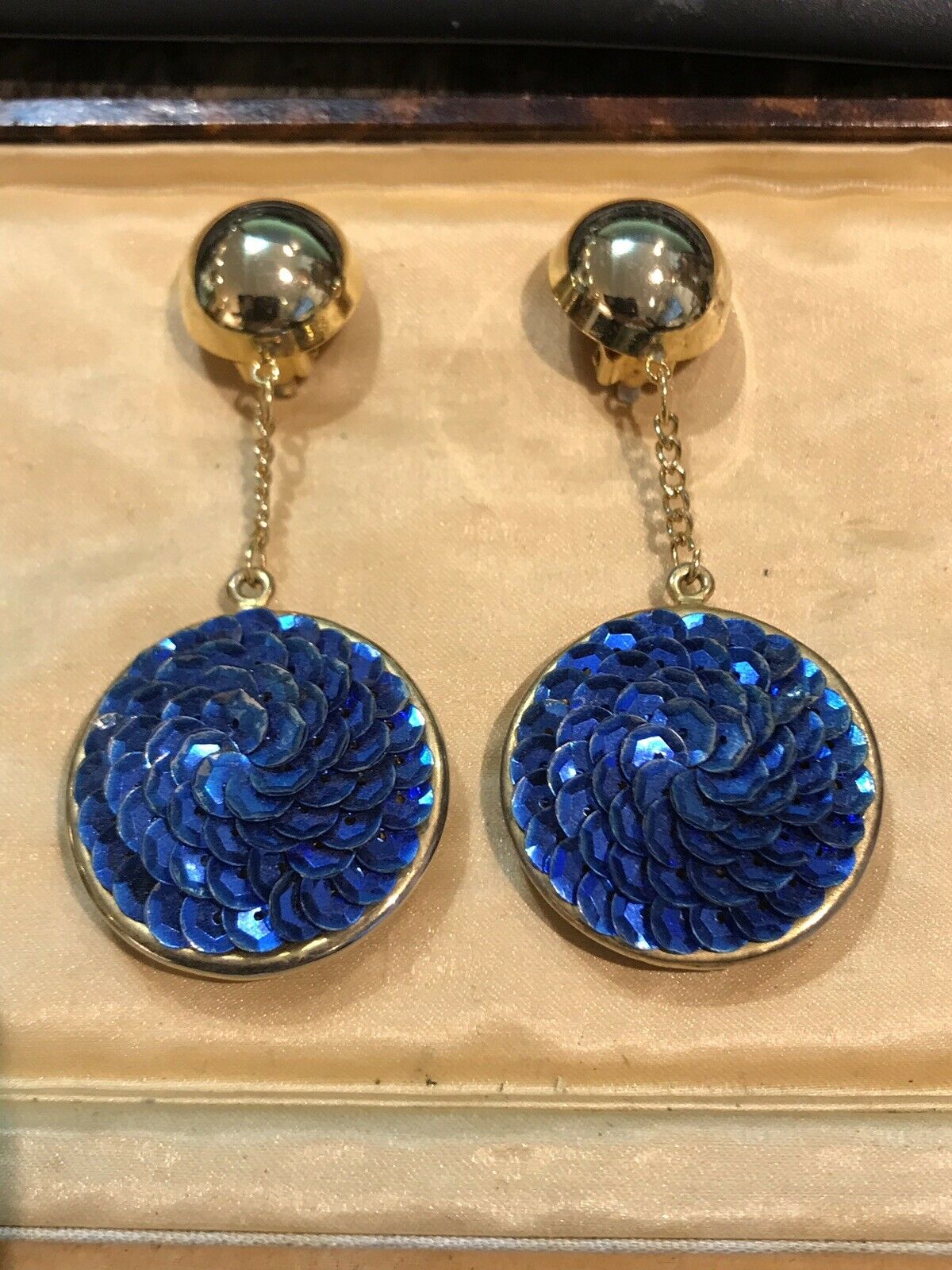 1980s Statement Drop Clip On Earrings Blue Sequin