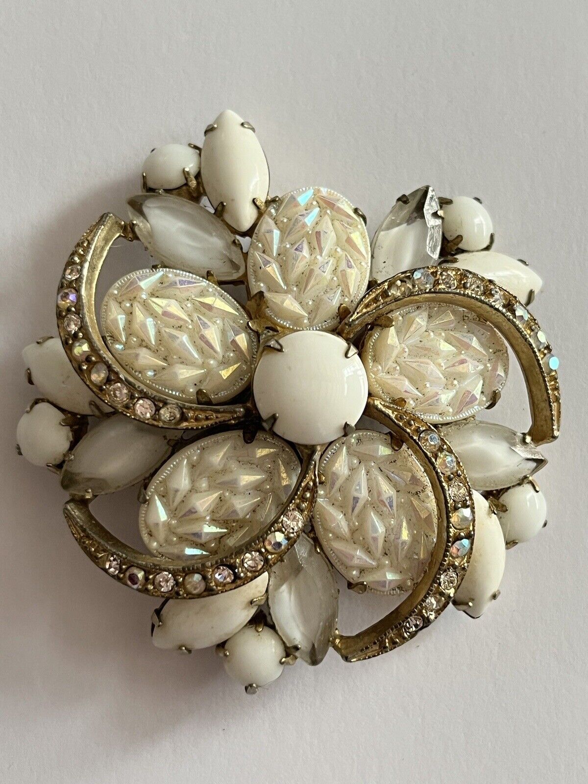 Vintage Statement White Aurora Borealis Milk Stone Swirl Brooch