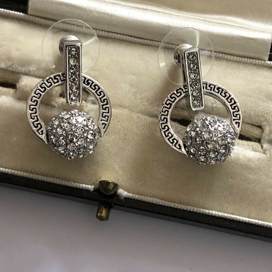 Vintage 1980s Rhodium Plated Cubic Zirconia Drop Balls Earrings