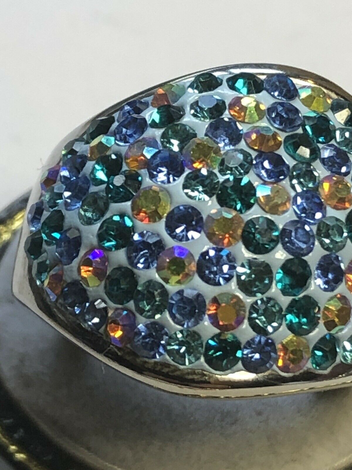 Vintage Rhodium Plated Blue Green Multicolour CZ Statement Ring