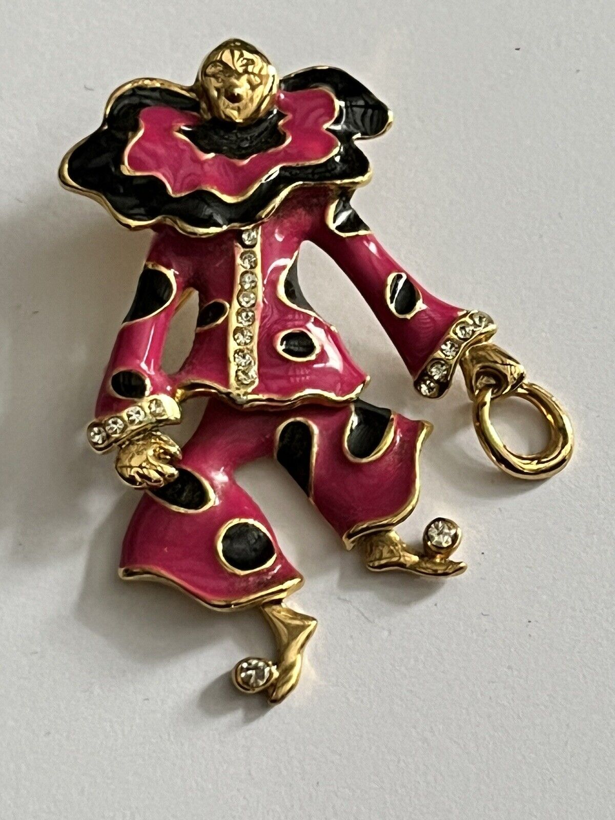 Vintage Gold Tone Pink Enamel Diamante Articulated Clown