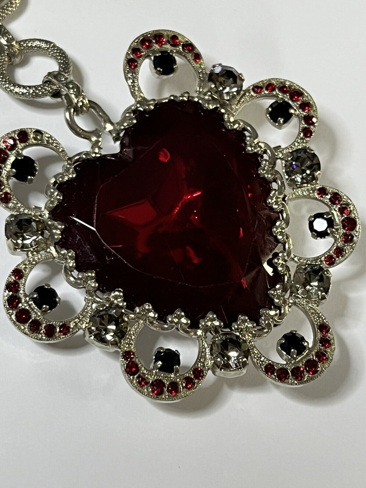 Vintage Statement Runway Red Clear Diamanté Heart On Chain Necklace