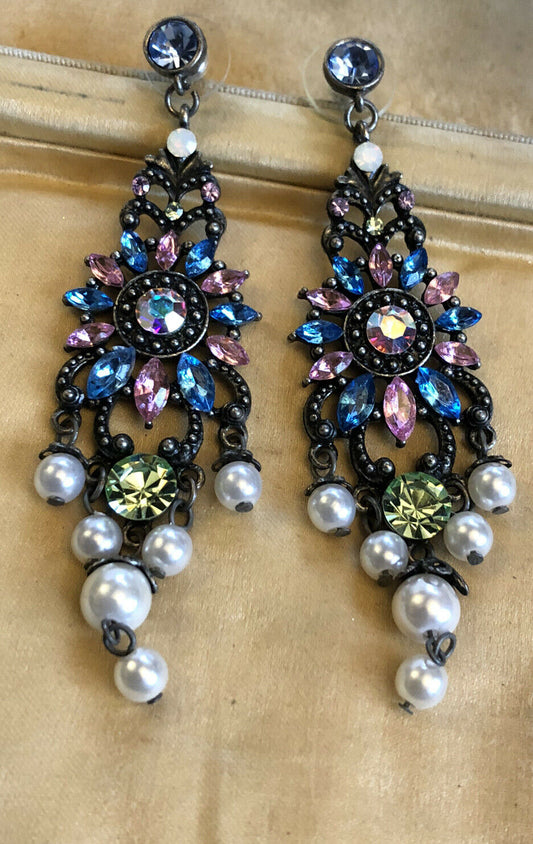 Vintage Multicoloured Diamanté Faux Pearl Drop Earrings