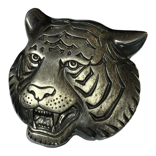 Vintage Large Statement Silver Tone Tiger Brooch