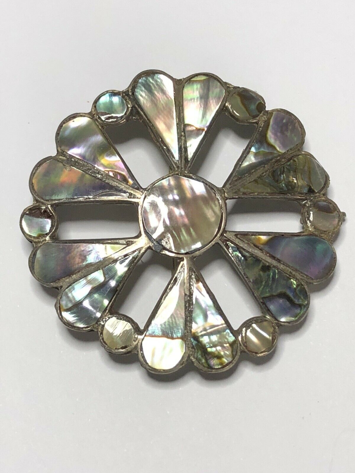 Vintage Taxco Sterling Silver Paua Shell Flower Brooch