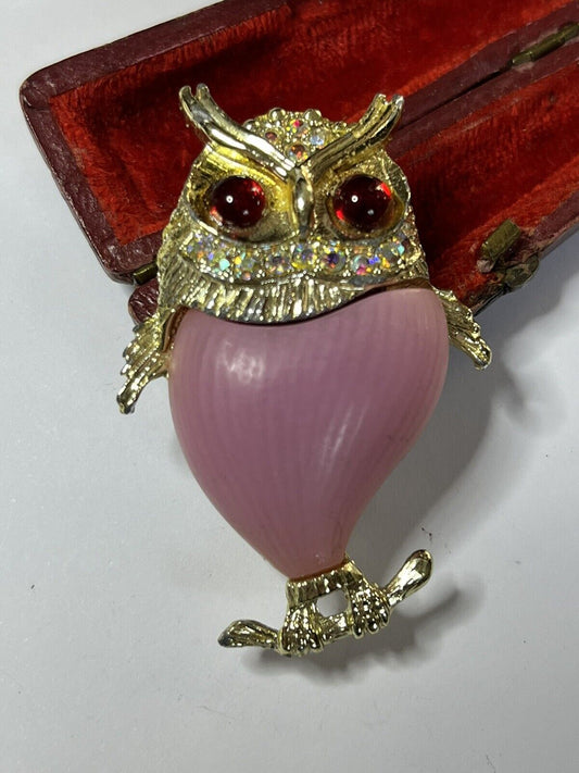 Vintage Gold Tone Pink Red Statement Owl Brooch