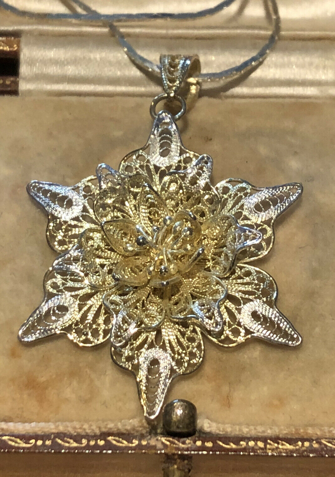 Vintage Silver Filigree With Gold Wash Flower Pendant Necklace